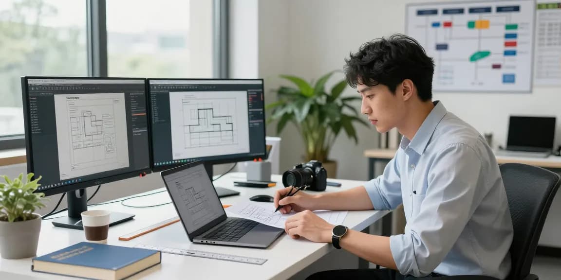 Permit engineering Missouri expert reviewing architectural plans in a modern office with engineering tools and natural light