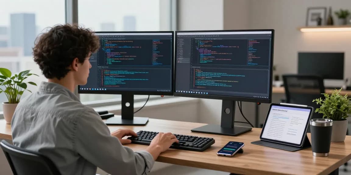 Expert developer at telegraimin.com working on code in a modern tech workspace