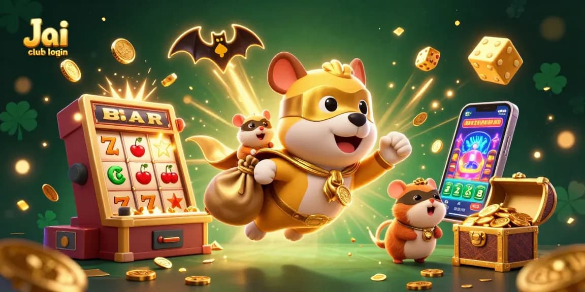 Experience the thrill of Jai club login with vibrant characters flying amidst jackpot winnings and casino elements.