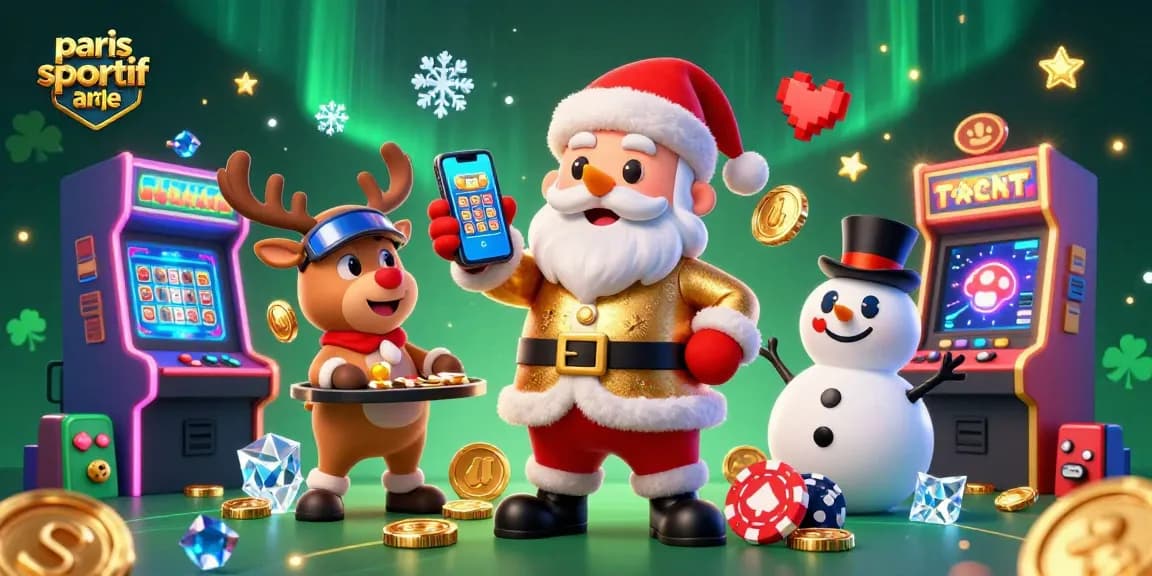 Parier à "paris sportif hors arjel" avec un Santa en casino, des jeux et des éléments festifs.
