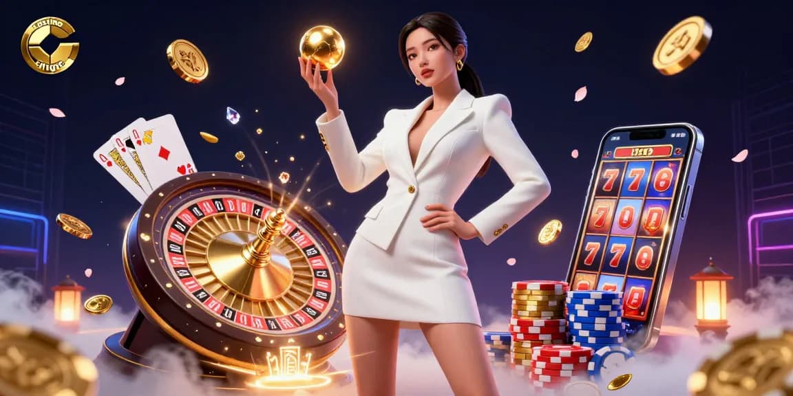 Vivez l'excitation du casino en ligne avec des visuels dynamiques d'une magnifique femme asiatique tenant une balle de roulette dorée.