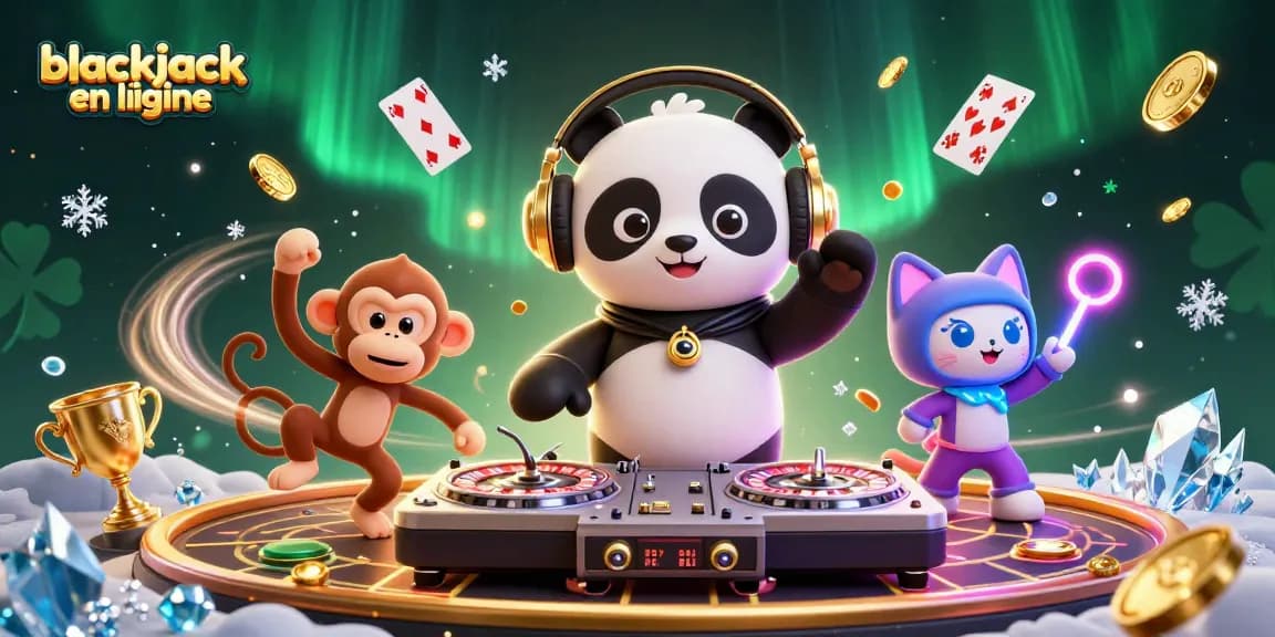 Jouez au blackjack en ligne, une animation dynamique avec des personnages amusants dans un casino vibrant.