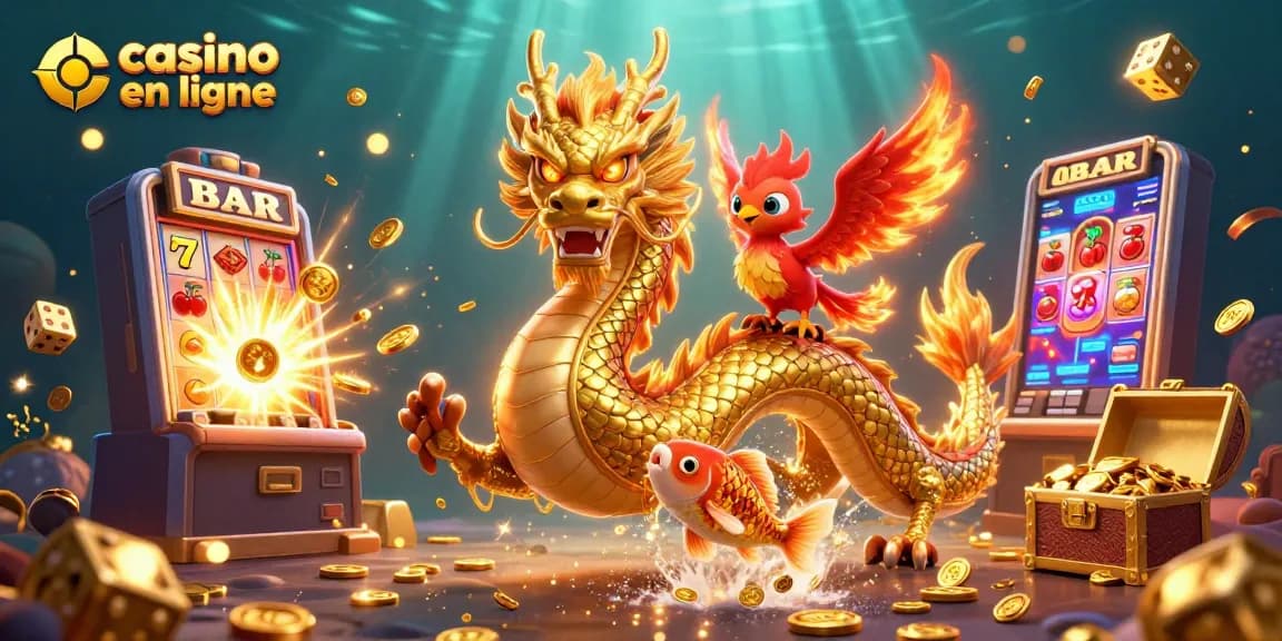 Découvrez une action vibrante de casino en ligne avec une illustration 3D captivante d'un dragon et d'un phoenix.