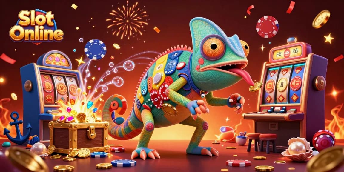 Spin and win with Slot Online as the chameleon casino owner collects golden coins amidst vibrant game elements.