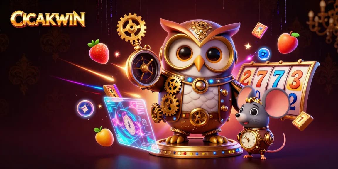 Engage with CICAKWIN in a vibrant 3D casino scene featuring an owl and steampunk elements.