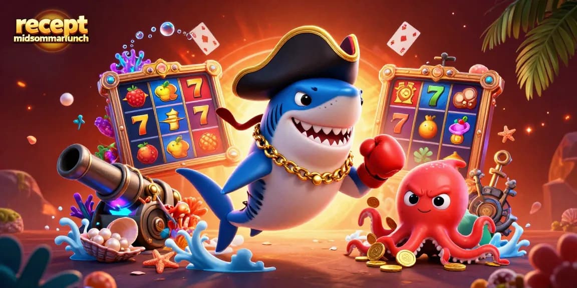 Experience exciting recept midsommarlunch casino vibes with a pirate shark, angry pufferfish, and cartoon octopus in an underwater scene.