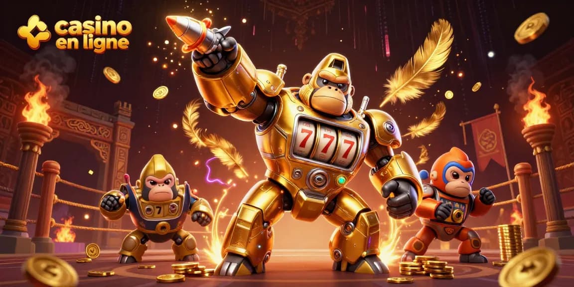 Un illustrateur 3D crée une scène animée de casino en ligne avec un gorille robot doré et de nombreux éléments de jeux de casino.