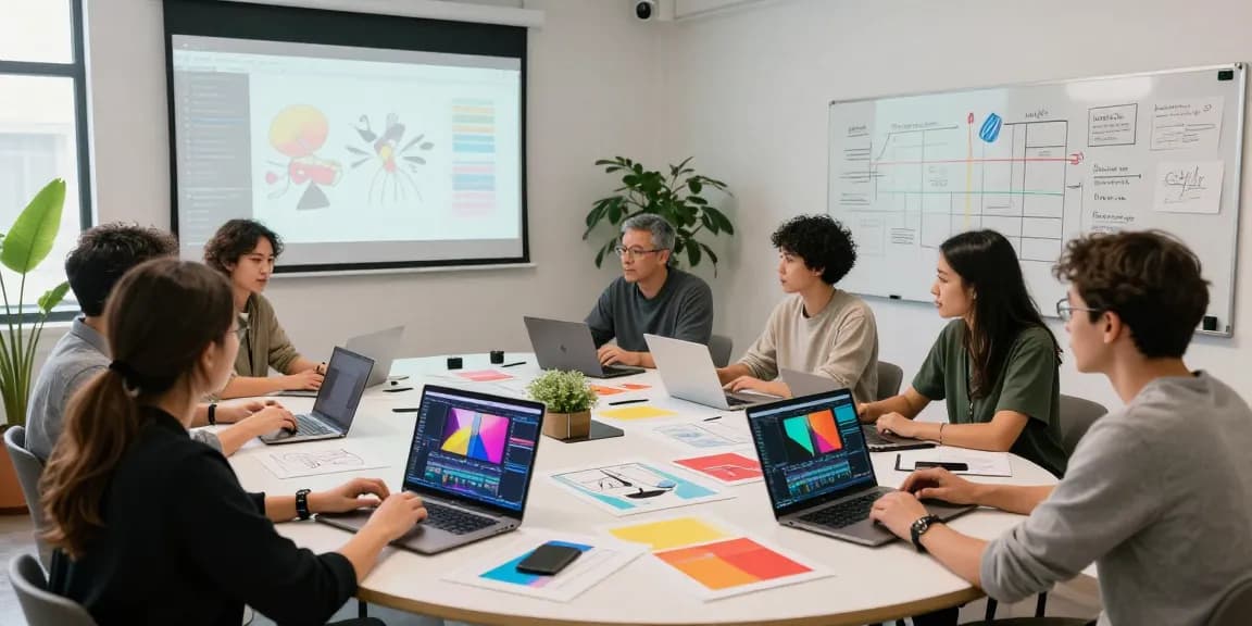Creators using seedance 2.0 in a vibrant studio, showcasing teamwork and creativity.