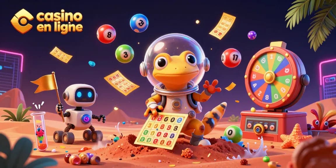 Casino en ligne : une illustration de jeu captivante avec un gecko martien et des éléments de loterie.