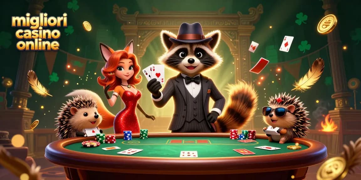 Scopri l'emozione dei migliori casino online con una dinamica scena 3D che presenta un procione elegante e i suoi amici.