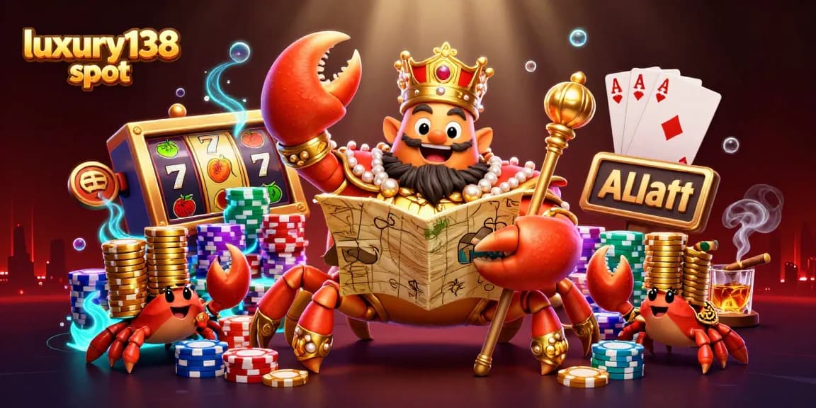 Engage in luxury138 slot action with a massive golden crab emperor and vibrant gaming elements.