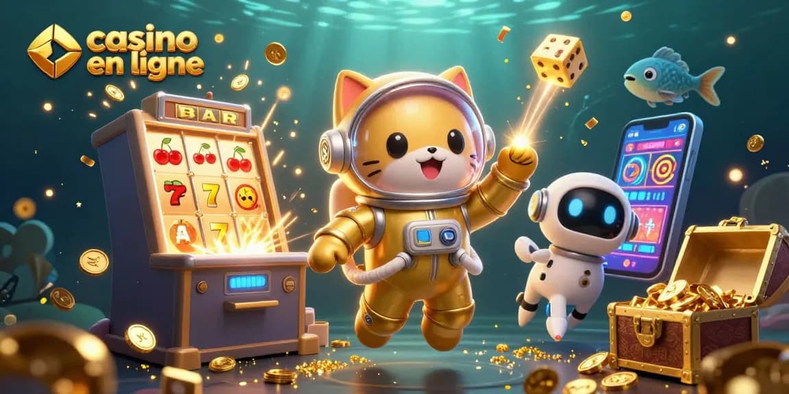 Jouez au casino en ligne avec des scènes animées de jackpot et des symboles de chance.