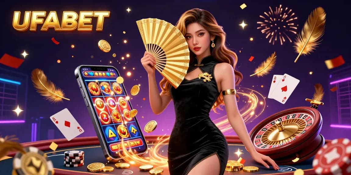Experience the excitement of UFABET with vibrant casino elements and a glamorous character in action.