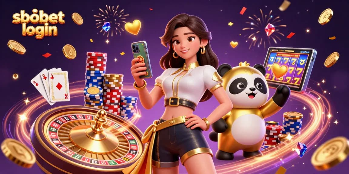 Engage with sbobet login through a vibrant casino scene featuring an Asian woman and golden panda amidst dynamic gaming elements.