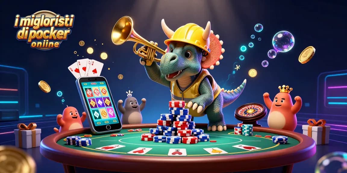 I migliori siti di poker online mostrano un triceratopo e un parasaurolofus in festa mentre costruiscono e celebrano il gioco del poker.