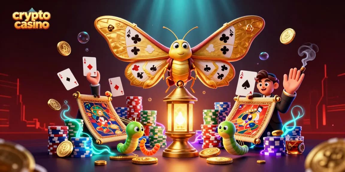 Découvrez le casino crypto avec une illustration captivante d'un papillon et des éléments de jeu dynamiques.