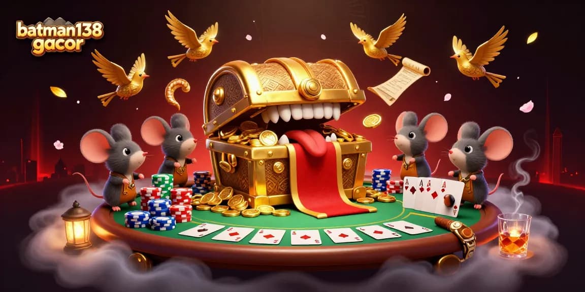 Engage with batman138 gacor as adventurer mice explore a treasure chest amidst poker elements.