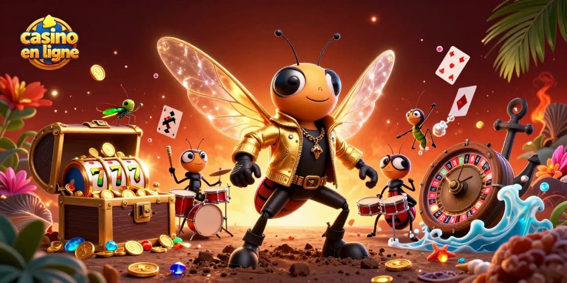Jouez à des jeux de casino en ligne avec le rock star et ses amis animés, ambiance festive.