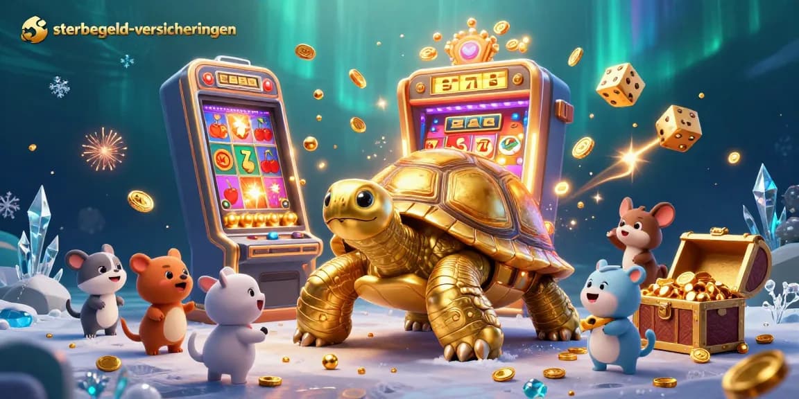 Experience thrilling wins at sterbegeld-versicherungen with a giant golden tortoise and slot machine extravaganza!