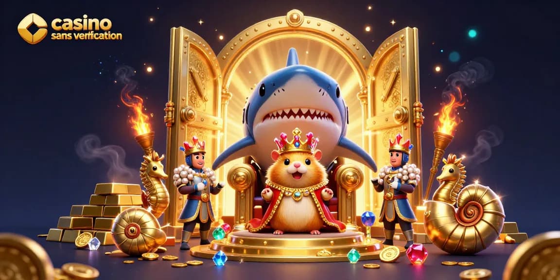 Jouer dans un casino sans vérification, où le roi hamster en or prospère parmi des trésors scintillants et des gardes marins.