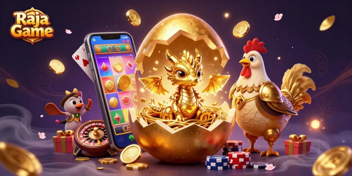 Play exciting games and win rewards on Raja Game with a vibrant golden dragon illustration.