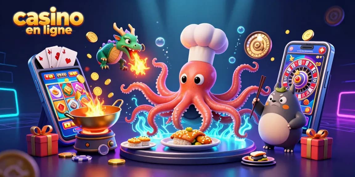 Engagez-vous dans l'action des casinos en ligne avec un poulpe chef sushi, un dragon ardent et un tanuki dans une scène de jeu dynamique.