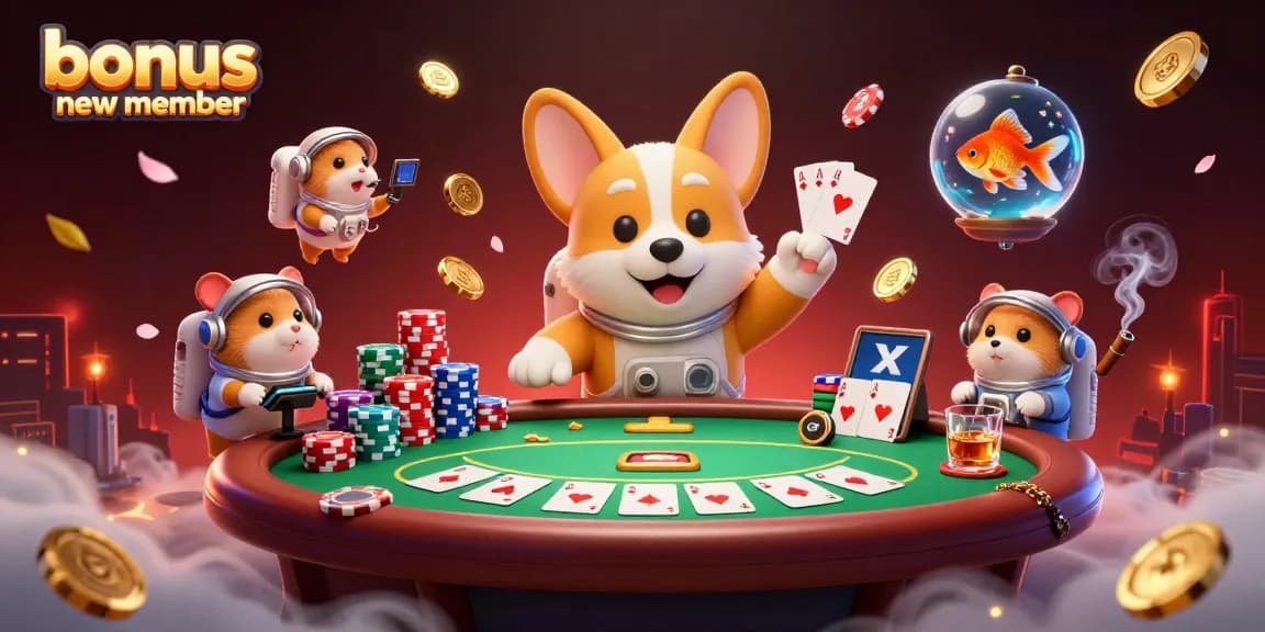 Engage with bonus new member promotions as a corgi and friends enjoy a thrilling casino experience.
