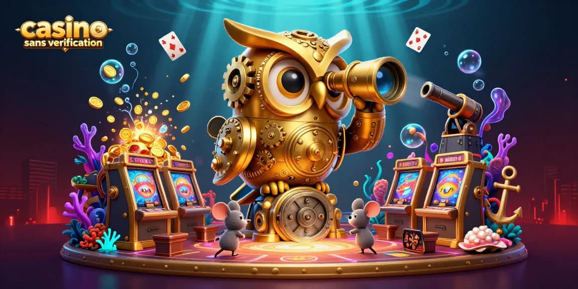 Découvrez les jeux au casino sans vérification avec un hibou mécanique scrutant la scène animée.