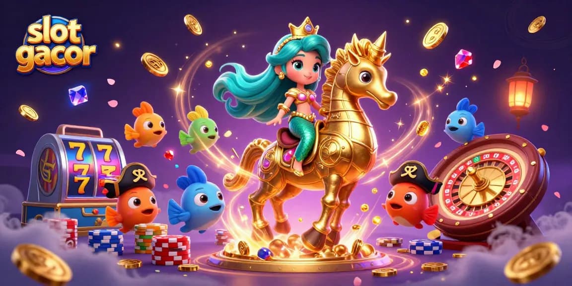 Players enjoy slot gacor with vibrant scenes of a mermaid, seahorse, and colorful gems flying around.