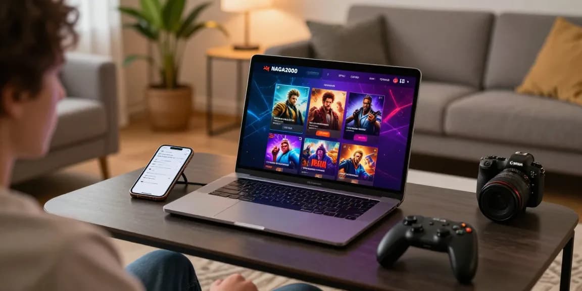 Engaging user logging into the NAGA2000 iGaming platform in a stylish living room, showcasing a modern gaming experience.