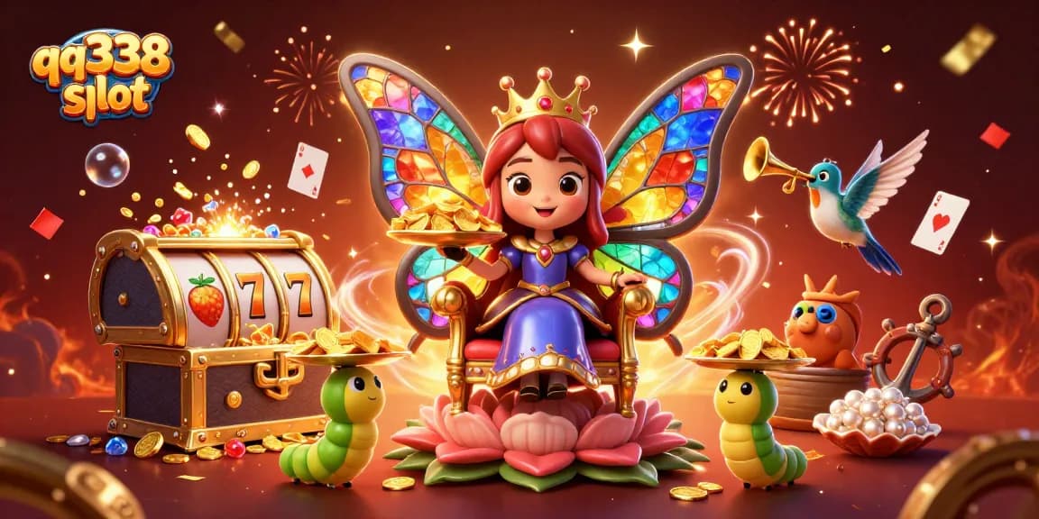 Engage with qq338 slot to win rewards in an enchanting 3D casino scene filled with animated characters and treasures.
