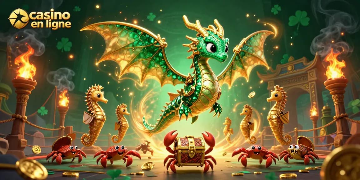 Jouer sur un casino en ligne en découvrant un dragon de mer élégant entouré de pièces d'or et de jeux.