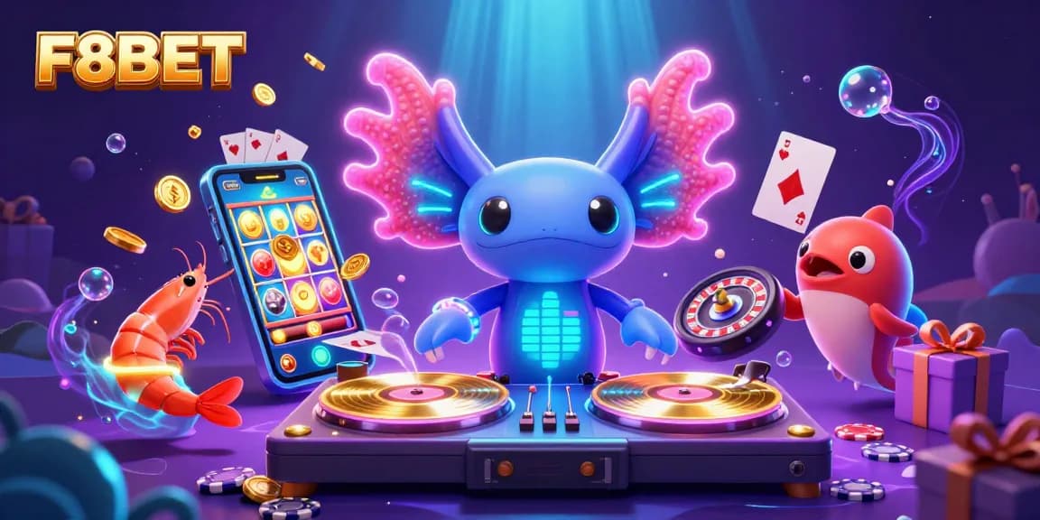 Spin and win at F8BET with vibrant 3D casino creatures celebrating big wins with slot games.
