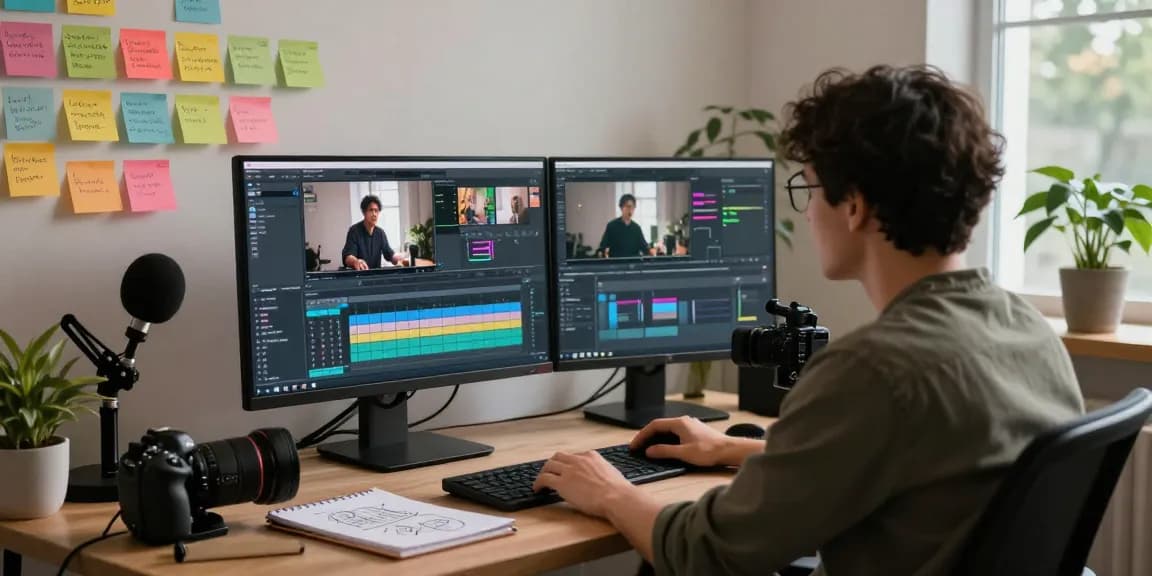 Generating video to prompt insights in a vibrant editing studio with monitors and creative tools.