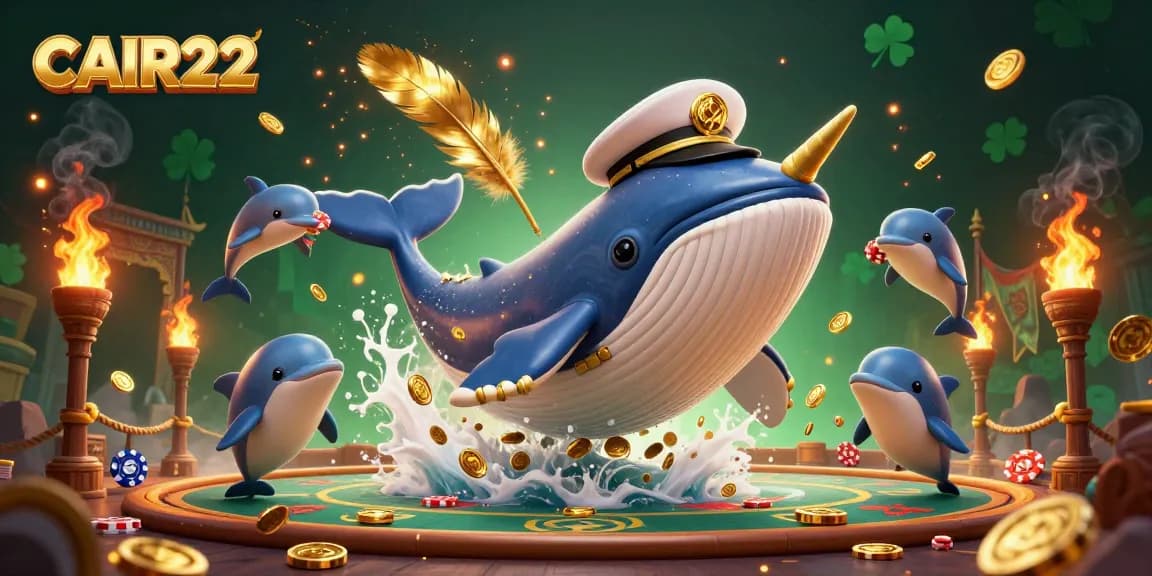 Taruhan menang yang mendebarkan di CAIR22 dengan paus kartun dan ikan narwhal di tengah suasana gemerlap.