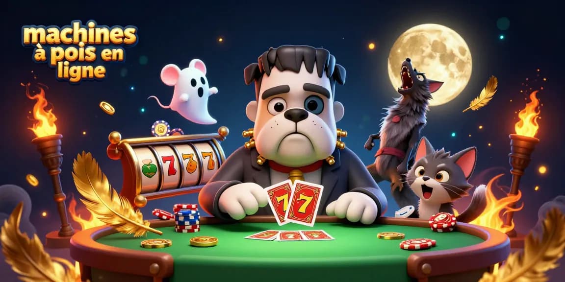 Jouez aux machines à sous en ligne avec un bulldog Frankenstein et un chat loup dans une scène colorée.