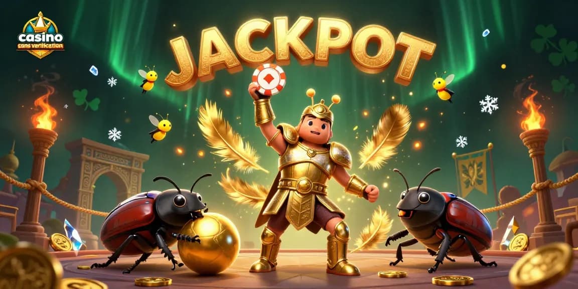 Jouez au casino sans vérification avec des personnages animés symbolisant la victoire et le jackpot.