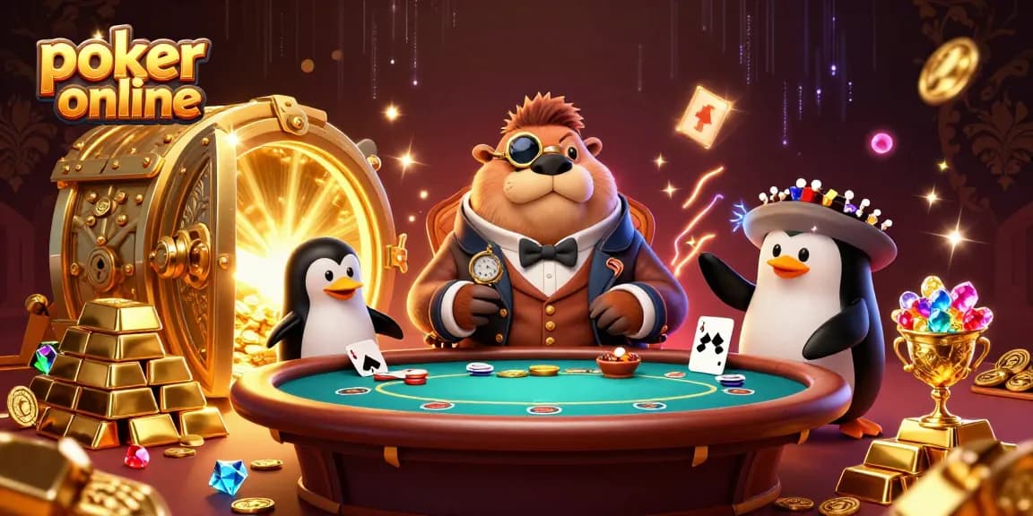 Jouer au poker en ligne avec un morse élégamment habillé, un dealer pingouin, et un poisson-globe bluffeur dans une scène sous-marine riche en trésors.