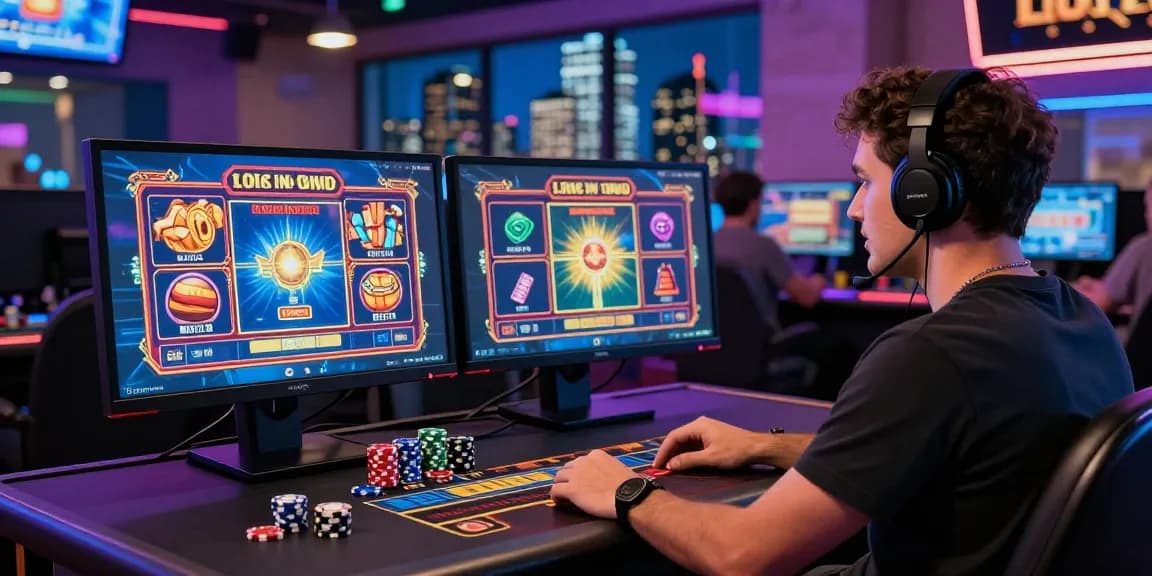 Ambiance de jeu de casino en ligne excitante avec joueur, moniteurs, et arrière-plan urbain vibrant.
