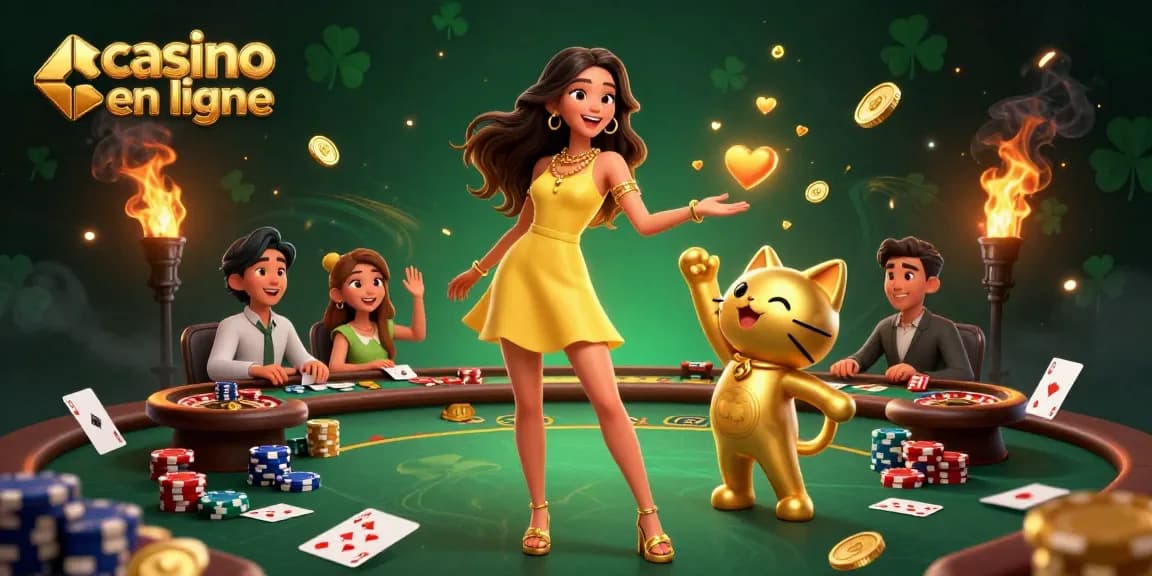 Engage with casino en ligne games featuring a joyful Asian woman and a cute lucky cat surrounded by vibrant casino elements.