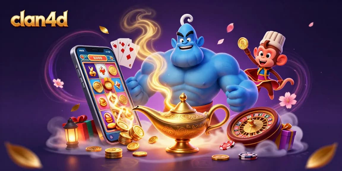 Spin and win at clan4d with a magical 3D casino scene featuring a genie, monkey, and poker chips.