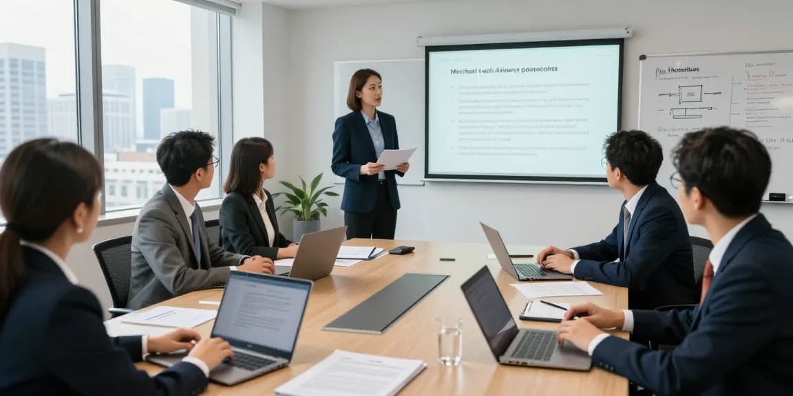 Merchant cash advance lawsuit discussion in a professional office setting with legal documents and presentation materials.