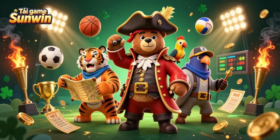 Tải game Sunwin featuring a pirate-themed dynamic scene with cartoon characters and casino elements.