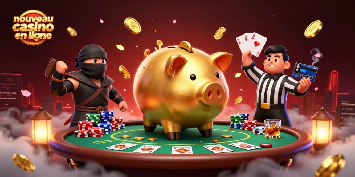 Découvrez le nouveau casino en ligne avec un combat dynamique entre un sumo et un ninja entouré de jetons de poker.