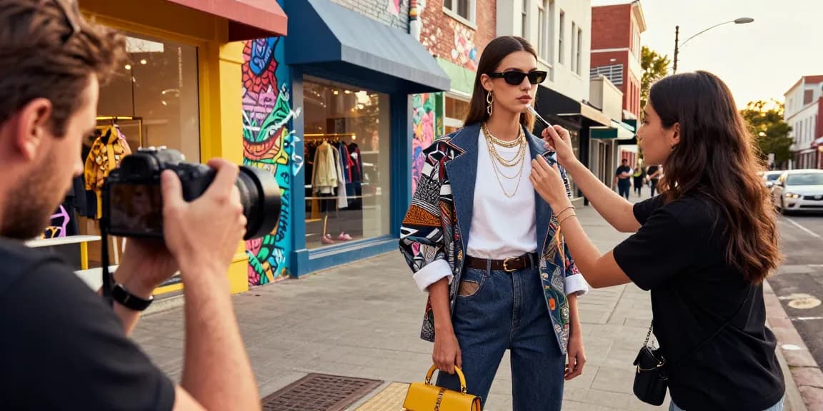 Servizi fotografici moda Milano durante una sessione di moda all'aperto con modello e fotografo.