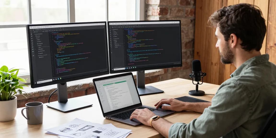 Workspace scene showcasing snipaste官网 usage with dual monitors, coding, and modern tech elements.