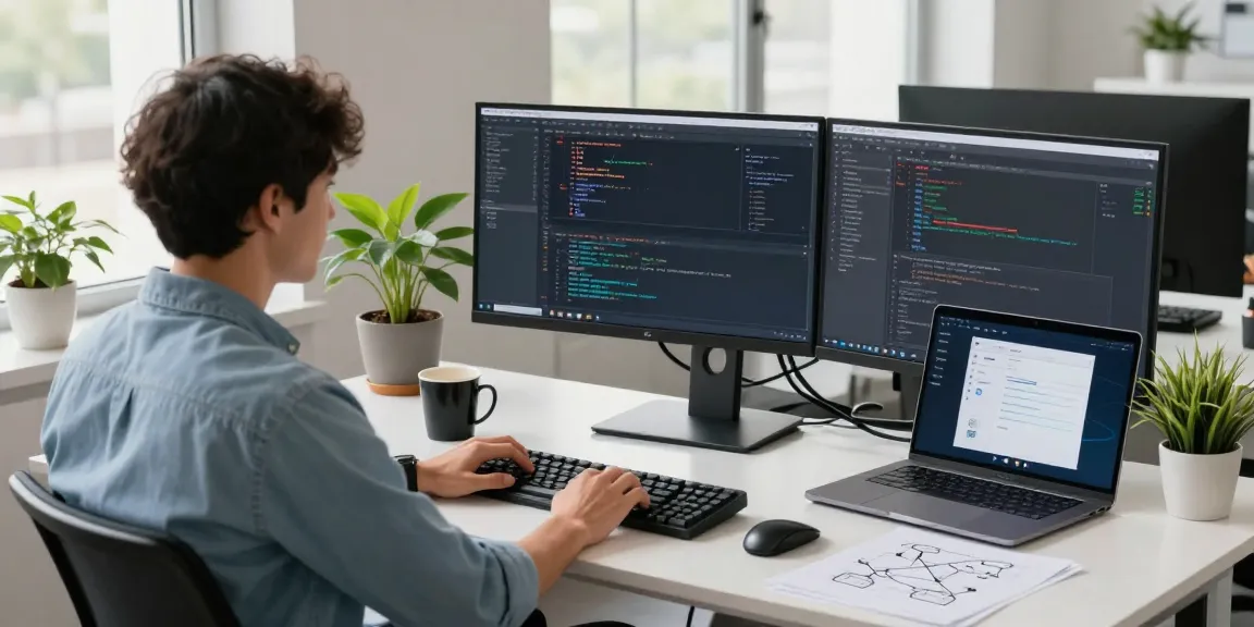 快连 software development workspace with dual monitors and coding environment.