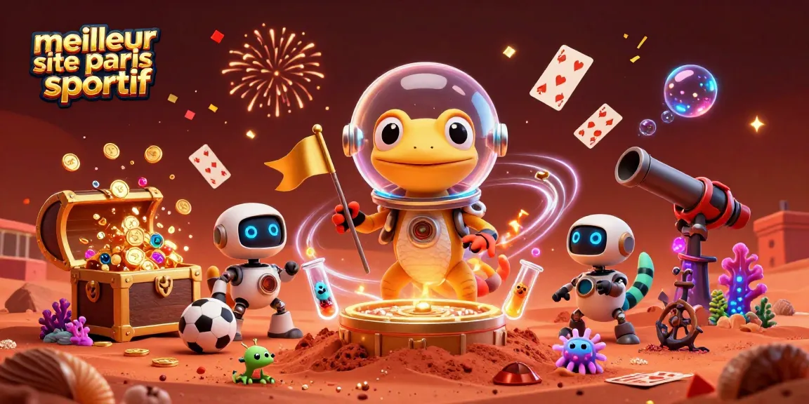 Découvrez le meilleur site de paris sportifs avec cette illustration 3D, du gécko martien au casino doré.