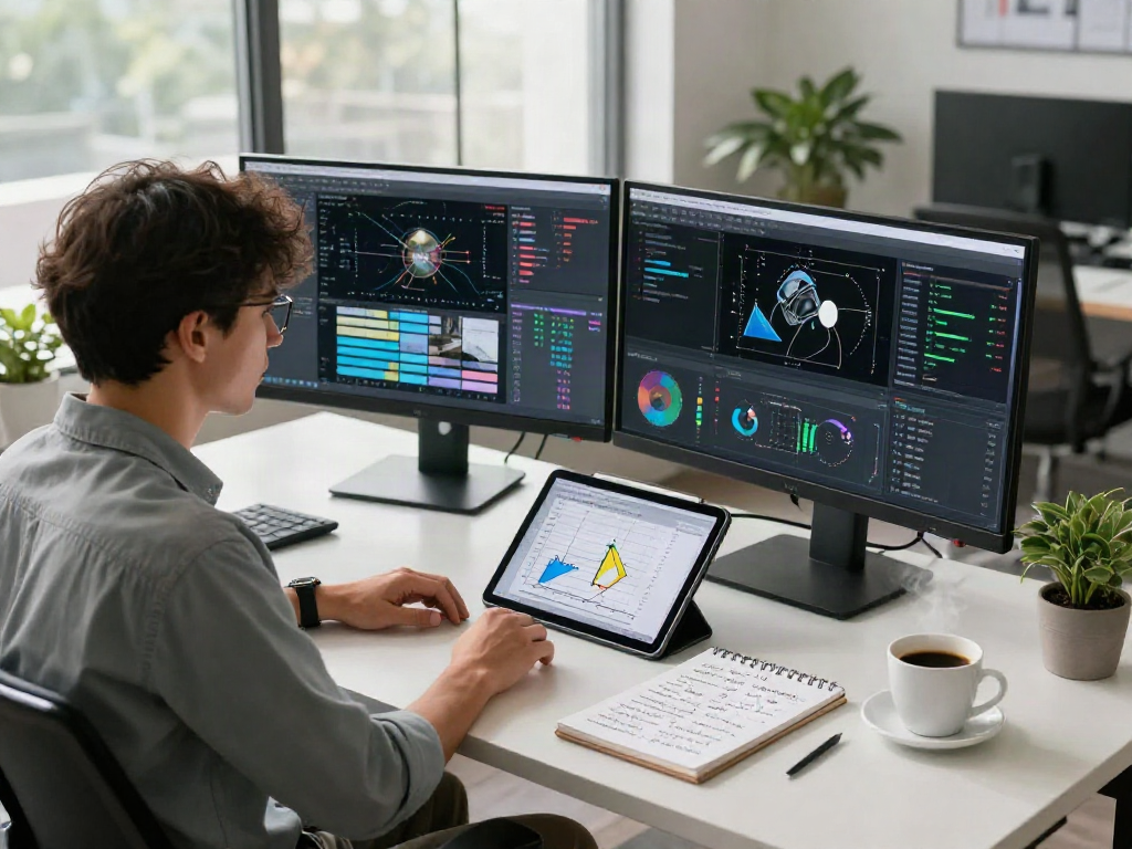 AI Image Detection workspace with advanced monitors, notepad, and coffee, highlighting image analysis.