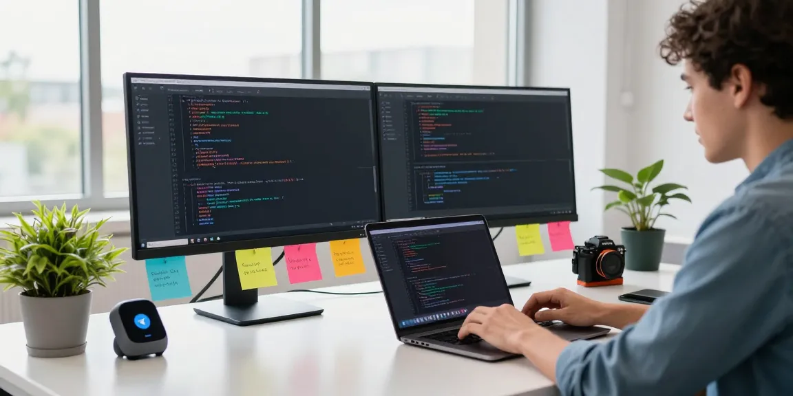 An engaging tech workspace showcasing the 纸飞机中文版 app interface on dual monitors while a developer collaborates in a bright office.